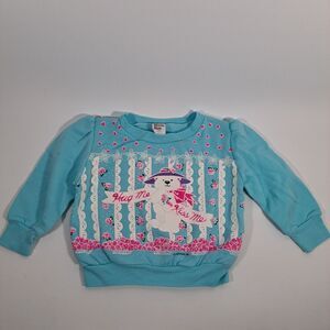 VTG 90s Retro Blue Pink Bear Hug Kiss Valentines Roses Sweater Top Girls 3T